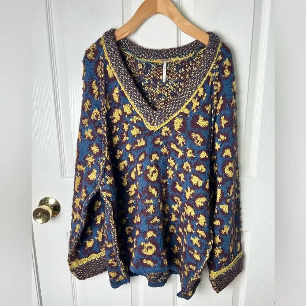 Free People Leopard Little Animal Pullover Crew Neck Sweater Blue Fig Combo XS